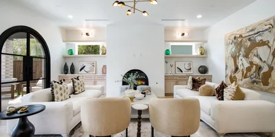 The professionally designed and decorated living room of 6162 Prospect Ave.
